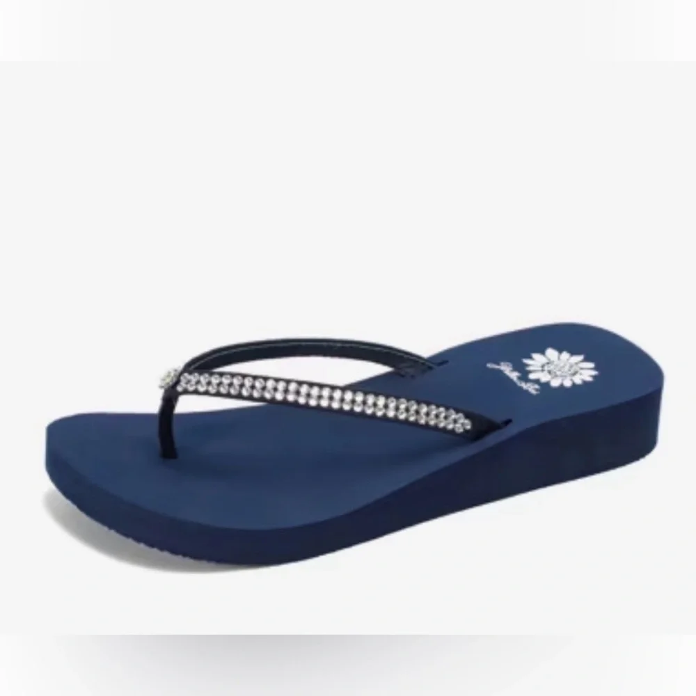 NWOT Yellow Box Jello Wedge Navy Rhinestone Flip Flop Women’s Sandal Sz 9.5
